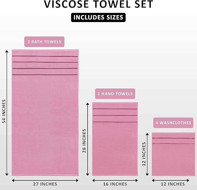 Utopia Towels 8 Piece Luxury Towel Set, 2 Bath, 2 Hand, and 4 Wash Cloths, 600 GSM Ring Spun Cotton, Highly Absorbent Viscose Stripe Towels, Ideal for Everyday use, Pink