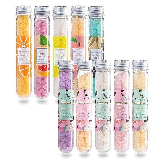 B.C. Beauty Concepts Aromatherapy Bath Salts- Epsom Salts for Soaking, Relaxing Bath Spa Set, Scented in Vanilla Almond, Shea Butter, Sweet Mint, Honey Rose, and Lavender, 10 Pack - Floral and Fruits