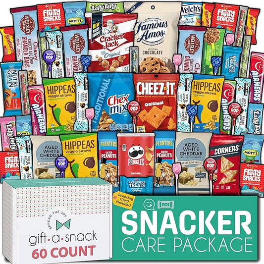 Gift A Snack - Haloween Trick or Treats Snack Box Variety Pack Care Package + Greeting Card (60 Count) Birthday Sweet Treats Gift Basket, Candies Chips Crackers Bars, Office Food Assortments