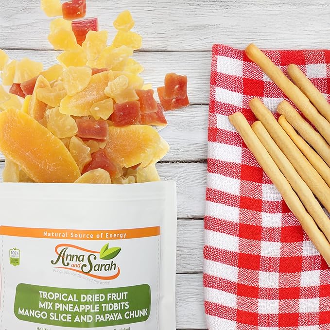 Anna and Sarah, Unsulphured Tropical Dried Fruit Mix Pineapple Tidbits, Mango Slice and Papaya Chunk, Un Non GMO - Gluten Free - High Fibers in Resealable Bag, 2 Lbs