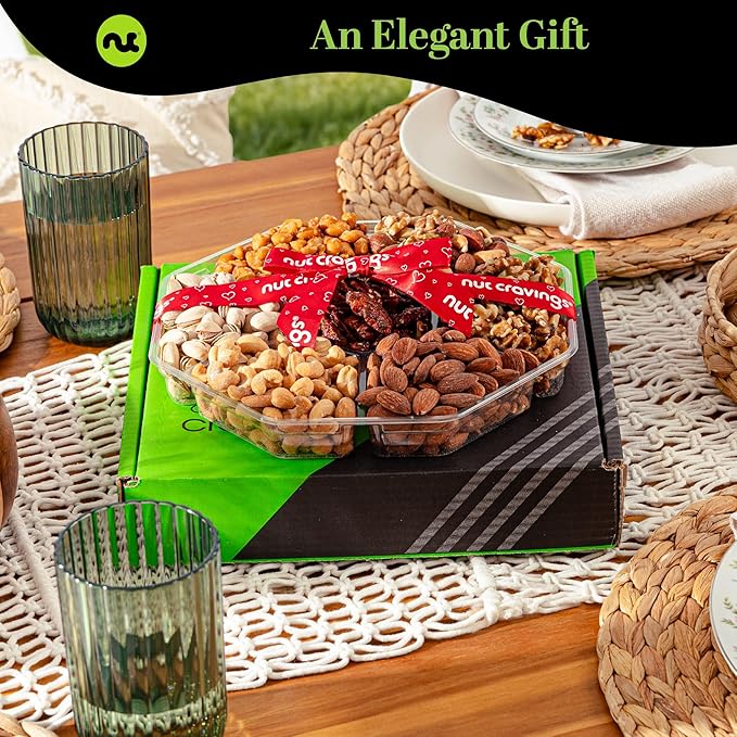 NUT CRAVINGS - Diwali Sweets Hamper Mixed Nuts Gift Basket + Heart Ribbon (7 Assortments) Food Arrangement, Healthy Snack Care Package, Food Assortments