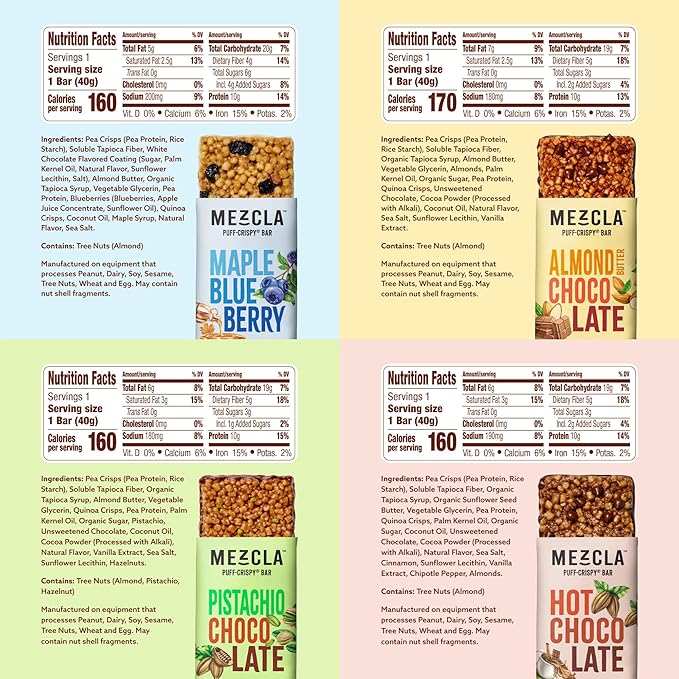 Mezcla Puff Crispy Protein Bars, Gluten Free & Vegan Protein Bars, 10g Protein, Alt for Crispy Rice Treat, Granola Bars & Breakfast Bars, Healthy Snacks for Adults, Variety Pack, 8 Count