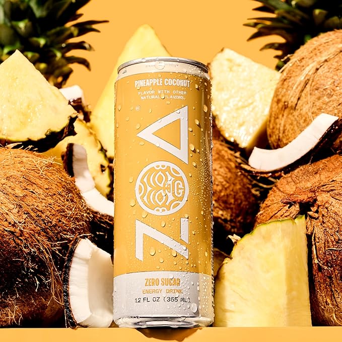 ZOA Zero Sugar Energy Drinks, Pineapple Coconut - Sugar Free with Electrolytes, Healthy Vitamin C, Amino Acids, Essential B-Vitamins, and Caffeine from Green Tea - 12 Fl Oz (12-Pack)