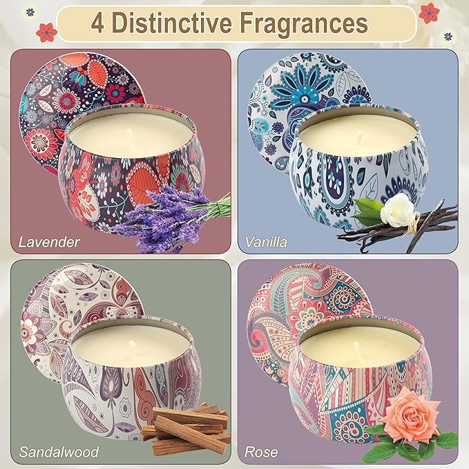 Scented Candles Gifts for Women - Soy Wax Natural Candle Set Aromatherapy Outdoor Indoor Small Aroma Candle Gift 4 PCS 4.4 Oz for Mothers Day Birthday Valentines Christmas Home Spa Bath Yoga