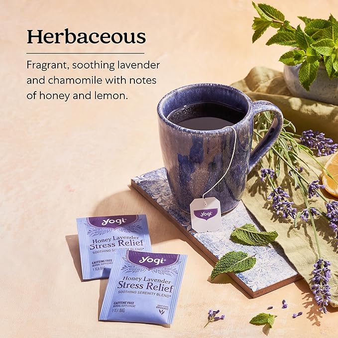 Yogi Tea Honey Lavender Stress Relief - 16 Bags per Pack (4 Packs) - Organic Chamomile Lavender Tea - Includes Lemon Balm, Lemongrass, Spearmint Leaf, Peppermint Leaf, Honey Flavor & More