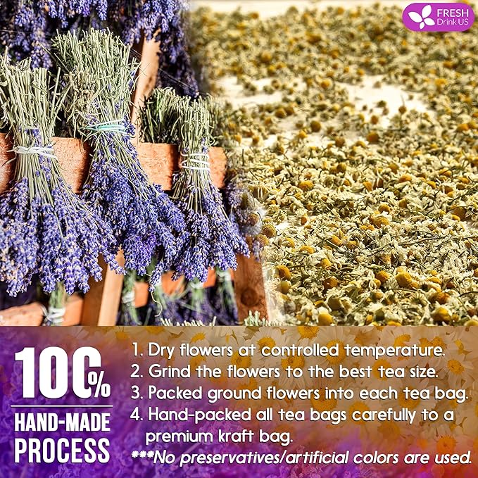 FreshDrinkUS, Premium 135 Chamomile Lavender Tea Bags, 100% Natural Herbal Ingredients, Hand-made Blend of Chamomile Lavender Flowers, Eco-conscious Tea Bags. No Sugar, No Caffeine, No Gluten, Vegan.