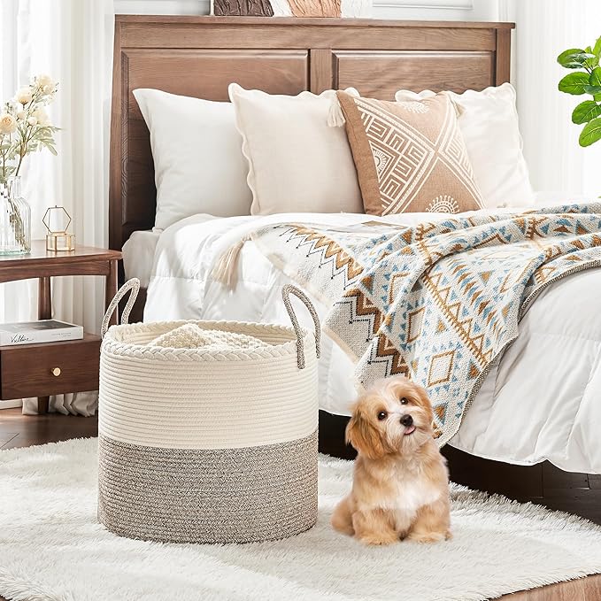 KAKAMAY Large Blanket Basket (18"x18"x16"),Woven Baby Laundry Hamper for Storage, Cotton Rope Blankets Baskets for Nursery, Laundry, Living Room, Pillows, Baby Toy chest with Handles (White/Beige)