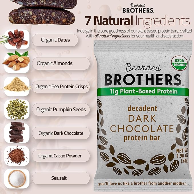 Bearded Brothers Organic Protein Bars, Dark Chocolate (10 Pack) - 11g of Plant Based Protein Gluten Free Vegan, Non-GMO Healthy Snacks for Adults Good Source of Fiber