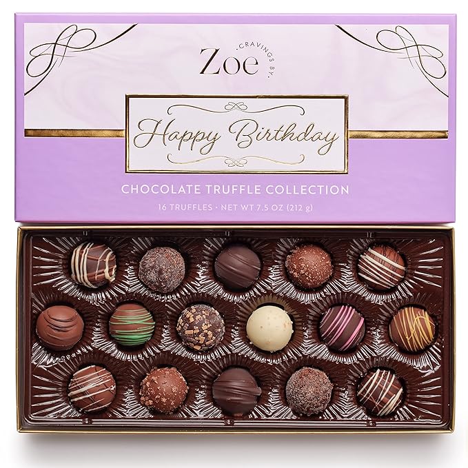 CRAVINGS BY ZOE Happy Birthday Chocolate Truffles Gift Box | 16 Count | Assorted Gourmet Milk & Dark Chocolate Candy Food Gift Basket | Birthday Gifts for Women & Men Mom Dad Kid Him Her Adult Family