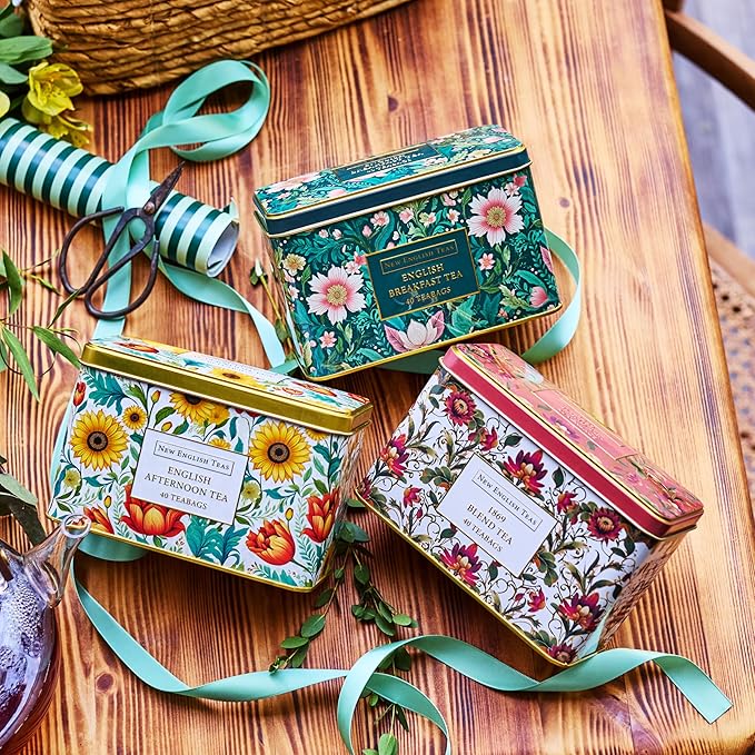 New English Teas Victorian Garden Tea Tin with 40 English Breakfast Teabags, Inspired by Embroidery & Textile Styles