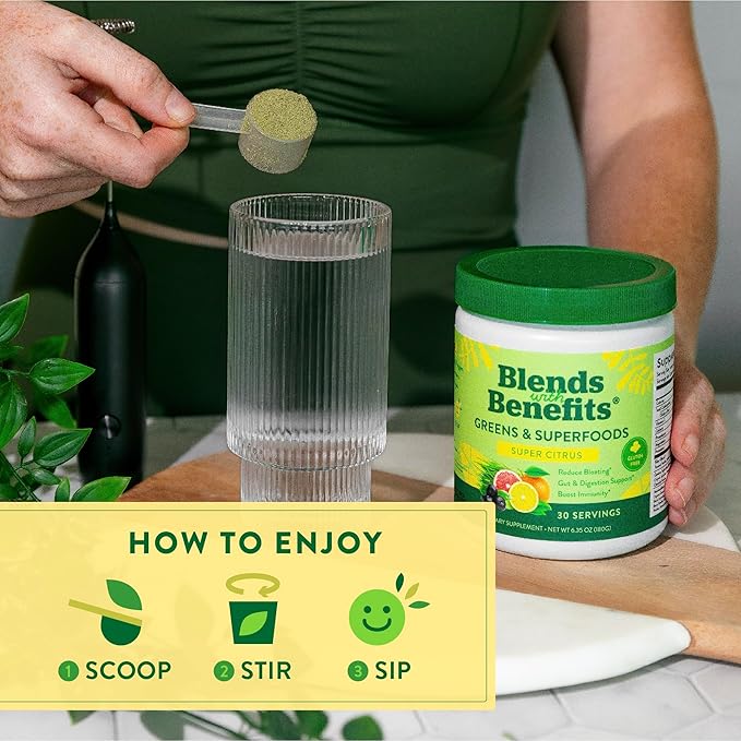 360 Nutrition Blends with Benefits Super Greens Powder w/Probiotics, Digestive Enzymes, Sugar & Gluten Free, Plant Based Superfood Drink Mix for Gut Health, Bloating, Immunity, Overall Health, 6.35 oz