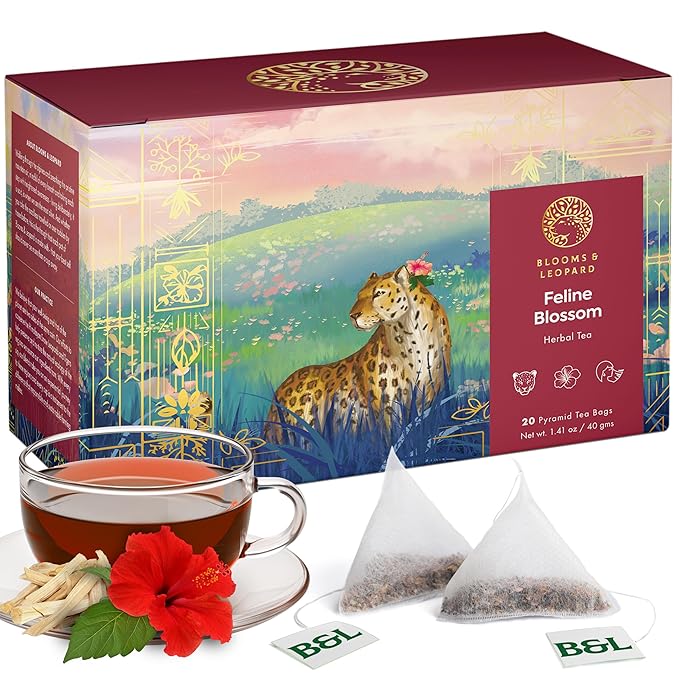 Blooms & Leopard Premium Herbal Tea Bags – Feline Blossom Blend with Hibiscus, Licorice, Fennel, Tulsi & Shatavari – Caffeine-Free Tea – 20 Pyramid Tea Bags, Caffeine-Free for Hot or Iced Tea