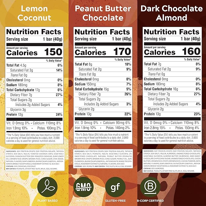 Simply Protein - Crispy Vegan Protein Bars Variety Pack, 3 Flavors - Plant Based, Protein Snacks - 13g Protein, 2g Sugar, 7g Fiber - Gluten Free, Non GMO, Kosher - 12 Bars, 3 Boxes