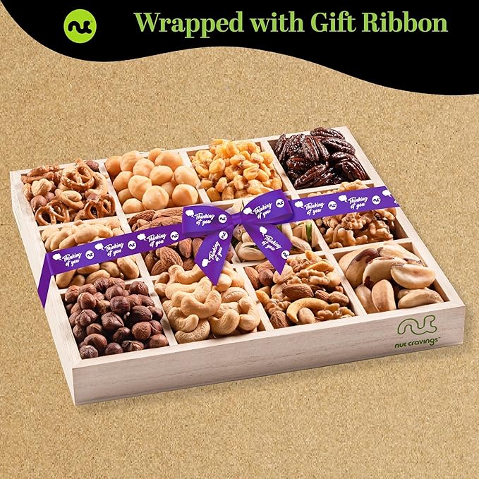 NUT CRAVINGS Gourmet Collection - Thinking of You, Nuts Gift Basket with Thinking of You Ribbon + Greeting Card in Reusable Wooden Tray (12 Assortments) Food Arrangement Healthy Snack Food Assortments