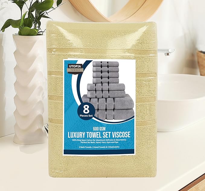 Utopia Towels 8 Piece Luxury Towel Set, 2 Bath, 2 Hand, and 4 Wash Cloths, 600 GSM Ring Spun Cotton, Highly Absorbent Viscose Stripe Towels, Ideal for Everyday use, Beige
