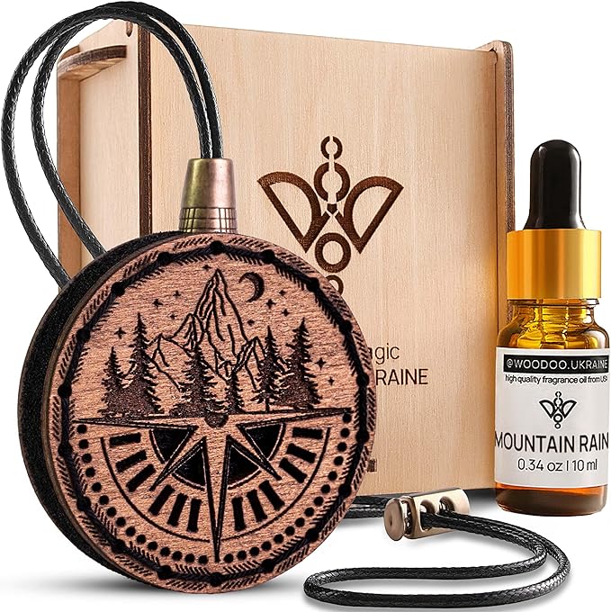 Wood Car Air Freshener — Handmade Car Air Freshener — Compass Mountains Designed Fragrance Oil Diffuser in Wooden Gift Box — Aromatherapy Set with Mountain Rain Fragrance Oil - 10 ml