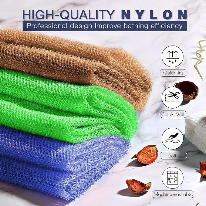 UJFQBH 3 Pieces African Bath Sponge African Net Long Net Bath Sponge Exfoliating Shower Body Scrubber Back Scrubber Skin Smoother,Great for Daily Use (Brown、Blue、Green)