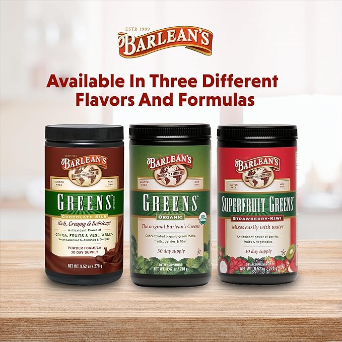 Barlean's Organic Greens Powder, Daily Fruit and Vegetable Superfood Supplement with Green Food Protein, Probiotic Blend and Fiber Drink Mix, 8.47 oz