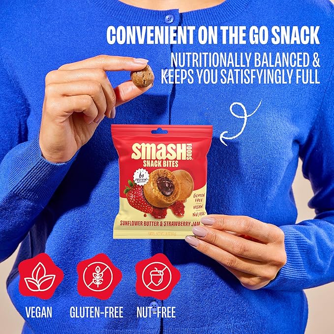 Smash Foods Strawberry Energy Bites | 5 Gluten-Free Vegan Snack Balls with No Sugar Added | 6g Protein, Superfood Jam, Chia Seeds | On-the-Go Convenience | Sunflower Butter & Strawberry | 8 Packs