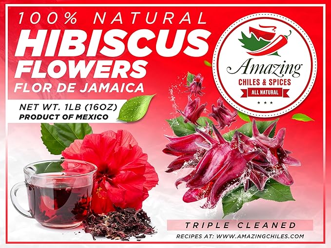 Hibiscus Flowers 1lb (16oz) – All Natural, Triple Cleaned - Whole Soft Flowers and Petals - Flor de Jamaica. Great for Hot or Iced Tea and Agua Fresca. By Amazing Chiles and Spices