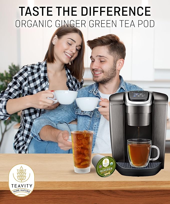 Green Tea & Ginger Tea Pods for Keurig - Caffeinated, Organic, Dye Free, Unsweetened, Herbal Blend for K Cup Machines - Hot or Iced (12 Tea Pods)
