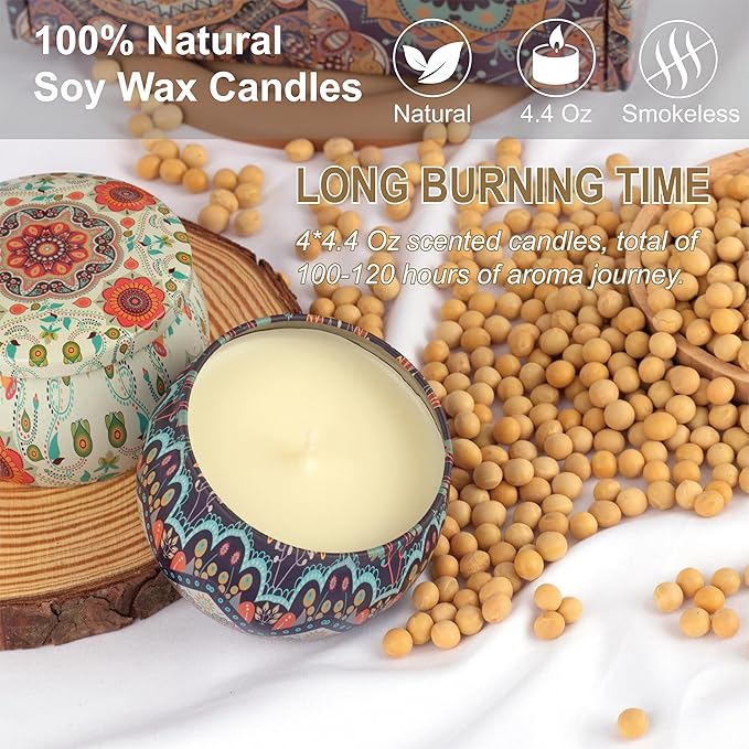 Scented Candles Gift Set - Women Candle Set Natural Soy Wax Aromatherapy Candle Small Gifts 120H Burn Time Candle 4 Pack 4.4 Oz for Christmas Birthday Mum Girl Teacher Mothers Day Bath