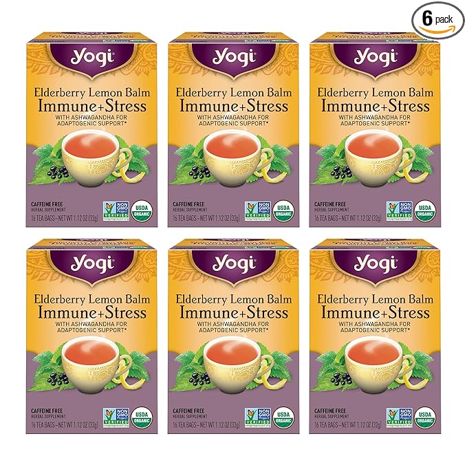 Yogi Tea Elderberry Lemon Balm Immune & Stress Tea - 16 Tea Bags per Pack (6 Packs) - Organic Immune Support Tea - Includes Ashwagandha Root, Lemon Balm Leaf, Lemongrass, Licorice Root & More.