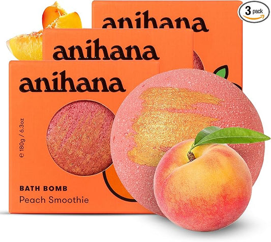 ANIHANA Bath Bombs with Coconut Oil, Paraben Free, Hand-Crafted Luxury Fizzers, Refreshing Peach Smoothie Scent, 6.3 oz Each, 3 Pack