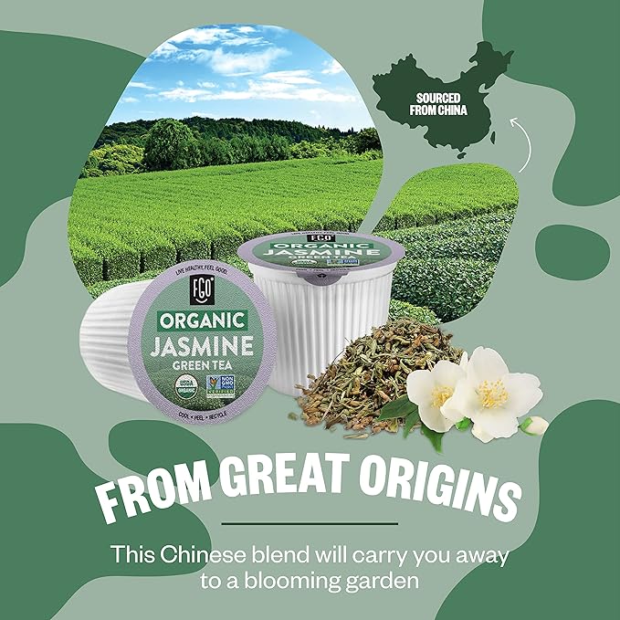 FGO Organic Jasmine Green Tea K-Cup Pods for Keurig, 24 Count (Pack of 1), Premium Green Tea is USDA Organic, Non-GMO, & Recyclable with Naturally Occurring Caffeine