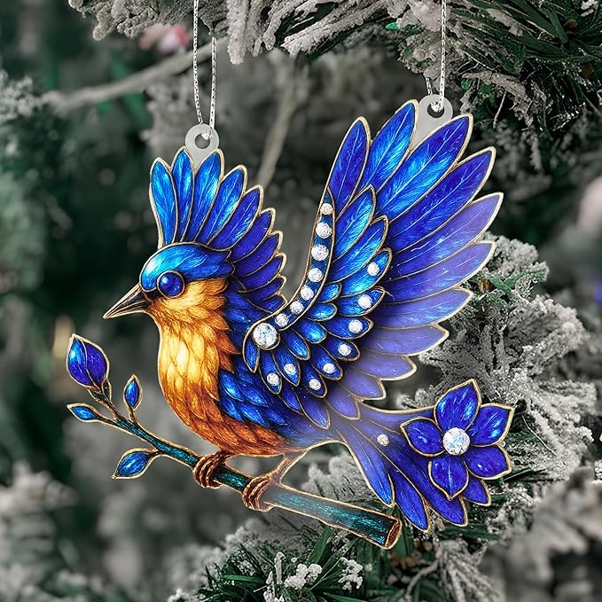 Bluebird Ornament - Sapphire Wing Songbird – Gift for bird lovers – bluebird christmas ornament 2025– Suncatcher Effect Window – White elephant gifts - Xmas Tree Funny Decoration