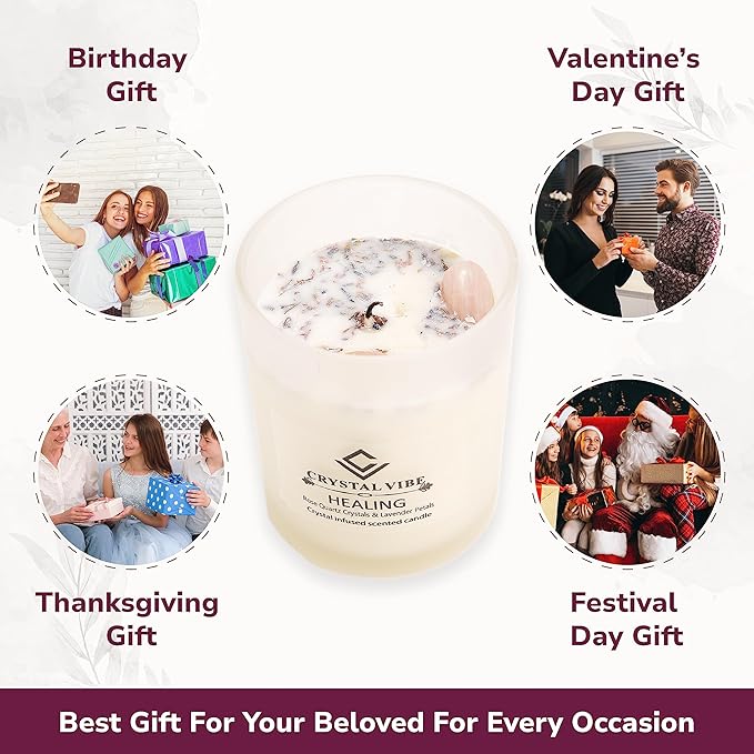 Crystal Vibe Healing Crystal Candle with Rose Quartz Crystals and Lavender Petals - Natural Soy Wax Lavender Scented Candle for Aromatherapy Meditation - Birthday Christmas Gifts for Women