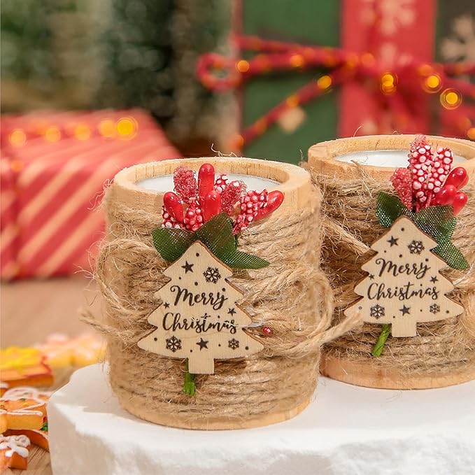 12 PCS Wooden Candle Holders with Candles, Christmas Party Favors with Jute Rope, Holiday Tealight Holders for Table Centerpieces, Home Decoration, Stocking Stuffers