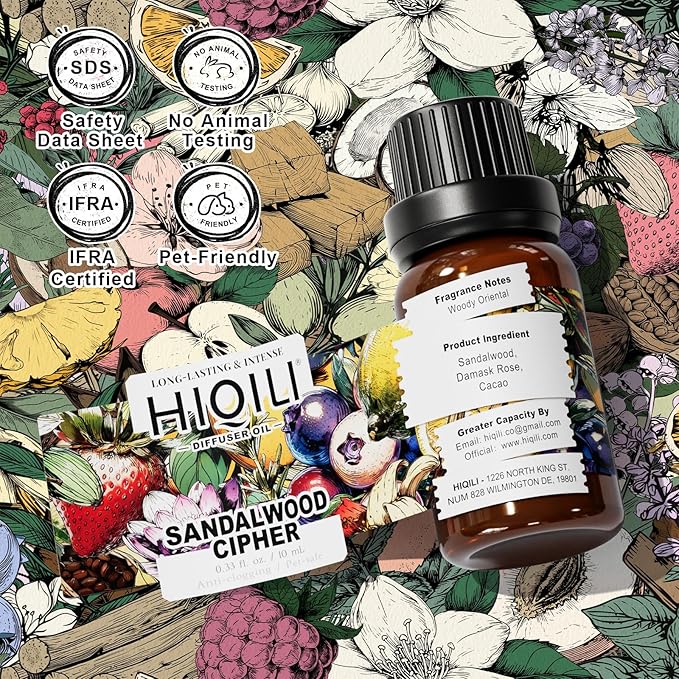 HIQILI Sandalwood Cipher Diffuser Oil, Ideal for Scent Diffuser, Car Air fresheners, Relaxing & Cozy, Long Lasting - 0.34 Fl Oz