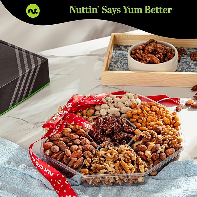 NUT CRAVINGS - Diwali Sweets Hamper Mixed Nuts Gift Basket + Heart Ribbon (7 Assortments) Food Arrangement, Healthy Snack Care Package, Food Assortments
