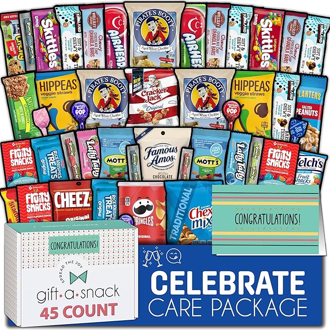 Gift A Snack - Congratulations Snack Box Variety Pack Care Package + Greeting Card (45 Count) Graduation Sweet Treats Gift Basket, Candies Chips Crackers Bars - Food Assortments