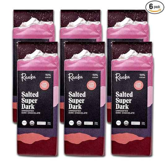 Raaka Salted Super Dark Chocolate Bars - 90% Cacao, Organic, Vegan, Kosher, Gluten Free, Cane Sugar Free - Lightly Sweetened with Coconut Sugar - 1.8oz Bars, 6-Pack
