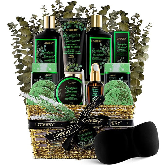 Eucalyptus Spearmint Bath Set, Home Spa Set with Natural Mint Fragrance, 17 Pcs Gift Basket, Eucalyptus Bath Oil, Shower Gel, Bubble Bath, Bath Crystal, Steamer Tablet & More, Best Birthday Gift