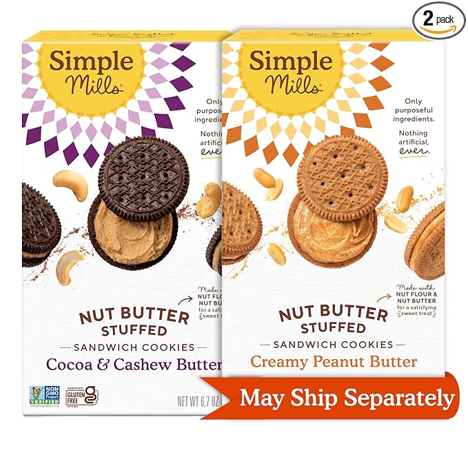 Simple Mills Sandwich Cookies Variety Pack (Creamy Peanut Butter and Cocoa & Cashew Butter) Gluten Free, Vegan, Healthy Snacks, 6.7 oz (Pack of 2)