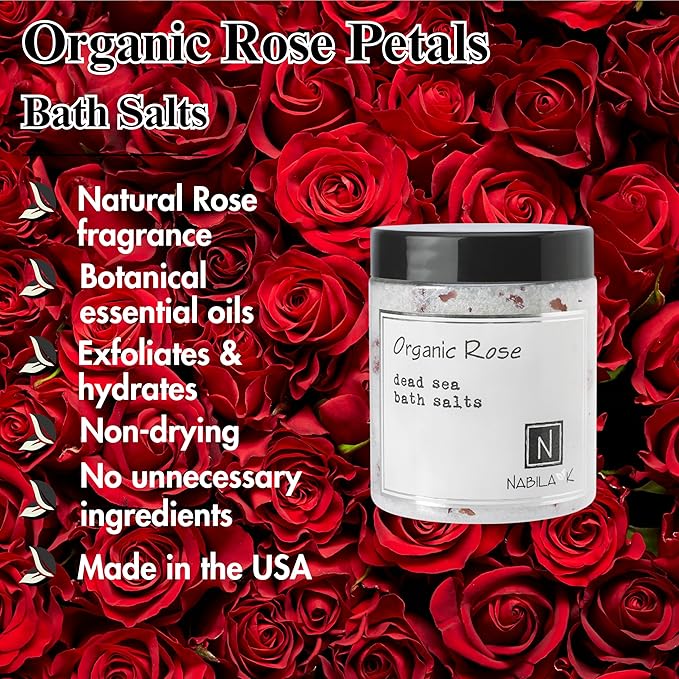 Organic Rose Bath Salts by Nabila K - Dead Sea Salt & Epsom Salt Scrub & Soak - Exfoliates & Hydrates Skin, Botanical Essential Oils - Bubble Bath Accessories for All Skins Types, 8 oz
