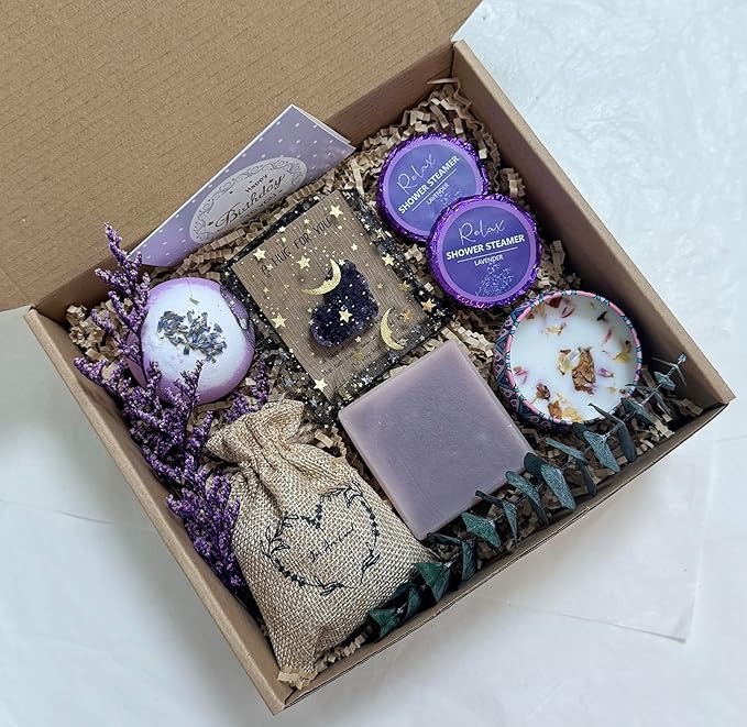 Lavender Gift Box for Women โ Birthday Gift for Her, Spa Gift Set, Relaxing Self Care Package for Mom, Wife, Sister, Best Friend โ Stress Relief Gifts for Women