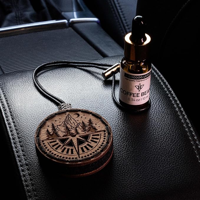 Wood Car Air Freshener — Handmade Car Air Freshener — Compass Mountains Designed Fragrance Oil Diffuser in Wooden Gift Box — Aromatherapy Set with diAquatoria Fragrance Oil - 10 ml