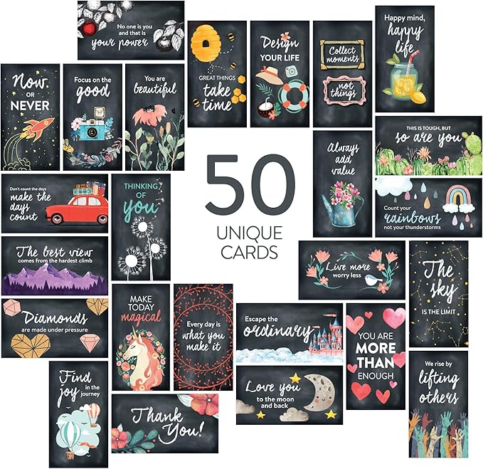 DIVERSEBEE 50 Pack Assorted Inspirational Cards - Motivational Kindness Mini Note Cards, Encouragement Mindfulness Affirmation Card Set with 50 Unique Quotes Business Card Size (Chalkboard)