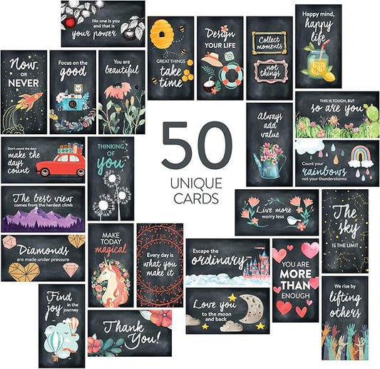 DIVERSEBEE 50 Pack Assorted Inspirational Cards - Motivational Kindness Mini Note Cards, Encouragement Mindfulness Affirmation Card Set with 50 Unique Quotes Business Card Size (Chalkboard)