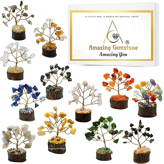 Amazing Gemstone Crystals and Healing Stones Birthday Gifts for Women - Set of 12 Crystal Tree of Life Home Decor Stocking Stuffers, Bookshelf, Room, Meditation Gift for Mom, Unique Birthday Gifts