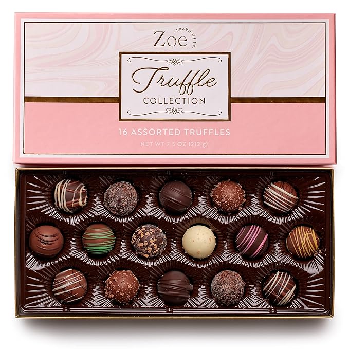 CRAVINGS BY ZOE Gourmet Chocolate Truffle Gift Box | 16 Count | Assorted Gourmet Milk & Dark Chocolate Candy Food Gift Basket Anniversary, Birthday, Get Well, Holiday, Thank You Men Women Mom Her