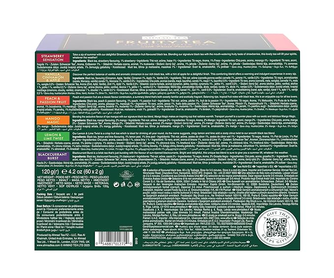 Ahmad Tea Black & Green Tea, Fruitytea Assorted Sampler Variety Gift Box, 60 Foil Teabags - Caffeinated & Sugar-Free
