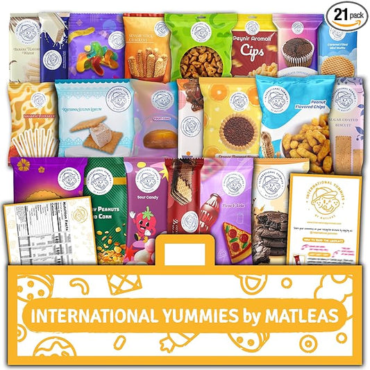 Maxi International Snack Box | Premium Exotic Foreign Snacks | Unique Snack Food Gifts Included | Saffran Yellow Theme | Candies from Around the World | 20 Full-Size + 1 Bonus Snacks