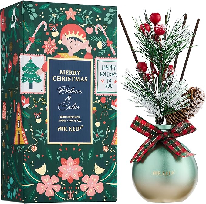 Airkeep Reed Diffuser Set, 5.07 oz(150ml) Balsam & Cedar Christmas Scented Diffuser with 8 Oil Diffuser Sticks, Home Fragrance Essential Oil Reed Diffuser for Home Room Bathroom Shelf Decor