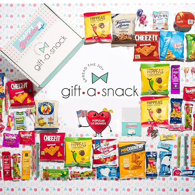 Gift A Snack - Happy Birthday Snack Box Variety Pack Care Package + Greeting Card (60 Count) Bday Sweet Treats Gift Basket, Candies Chips Crackers Bars - Food Assortments Assortments & Variety Gifts