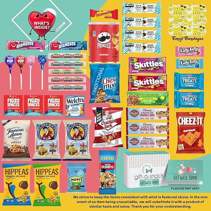 Gift A Snack - Get Well Soon Snack Box Variety Pack Care Package + Greeting Card (45 Count) Feel Better Sweet Treats Gift Basket, Candies Chips Crackers Bars - Cravy Food Assortments & Variety Gifts